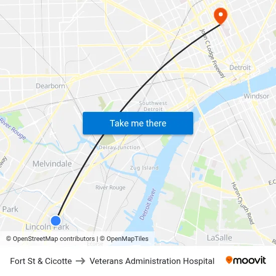 Fort St & Cicotte to Veterans Administration Hospital map
