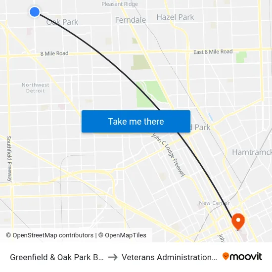 Greenfield & Oak Park Boulevard to Veterans Administration Hospital map