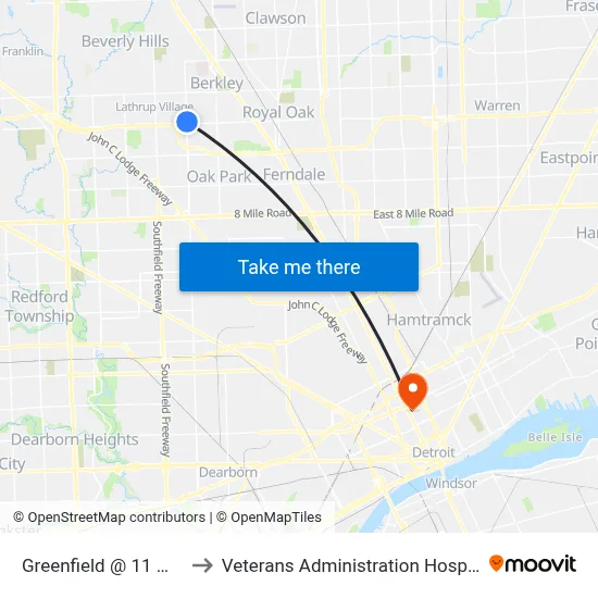 Greenfield @ 11 Mile to Veterans Administration Hospital map