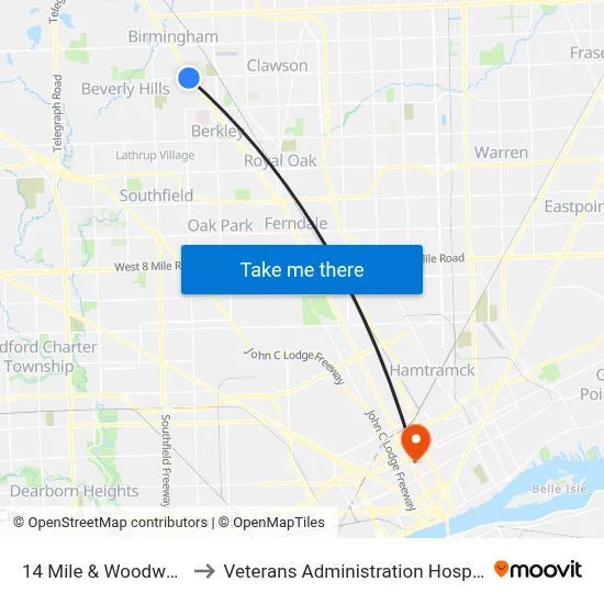 14 Mile & Woodward to Veterans Administration Hospital map