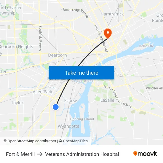 Fort & Merrill to Veterans Administration Hospital map