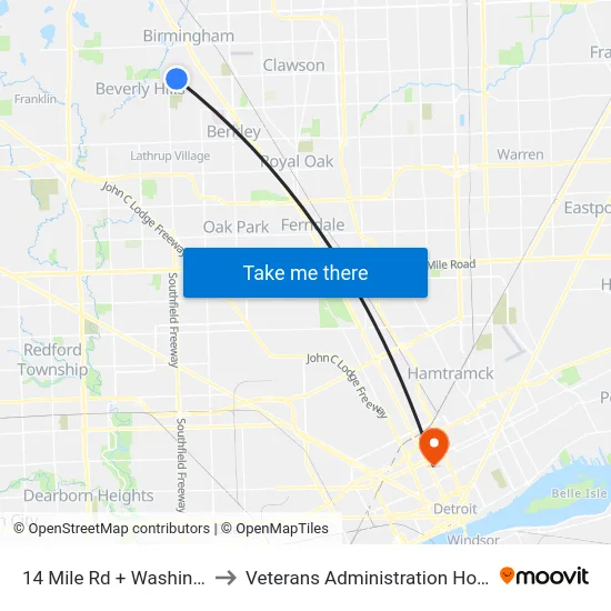 14 Mile & Washington to Veterans Administration Hospital map