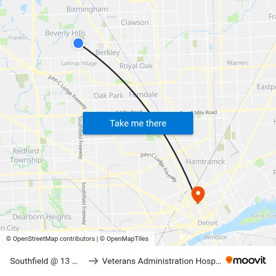 Southfield @ 13 Mile to Veterans Administration Hospital map