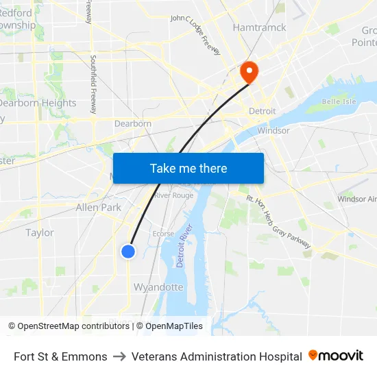 Fort St & Emmons to Veterans Administration Hospital map