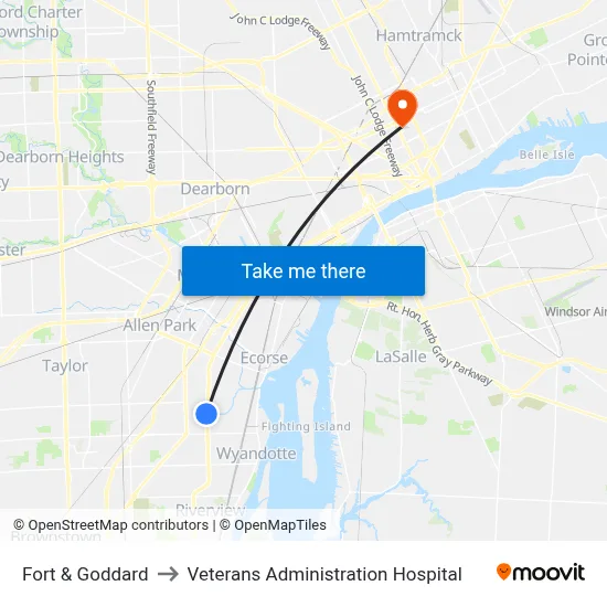 Fort & Goddard to Veterans Administration Hospital map