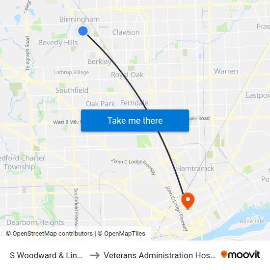 S Woodward & Lincoln to Veterans Administration Hospital map