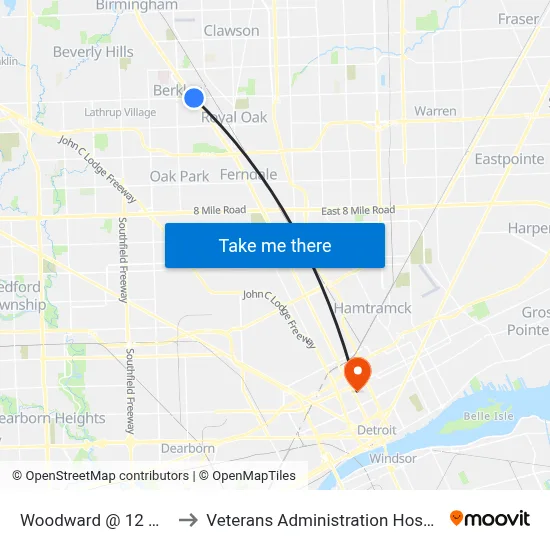 Woodward @ 12 Mile to Veterans Administration Hospital map