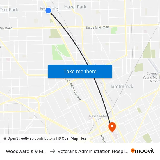 Woodward & 9 Mile to Veterans Administration Hospital map
