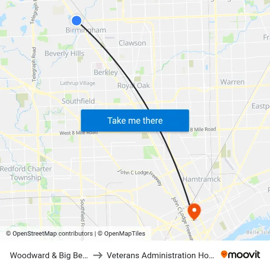 Woodward & Big Beaver to Veterans Administration Hospital map