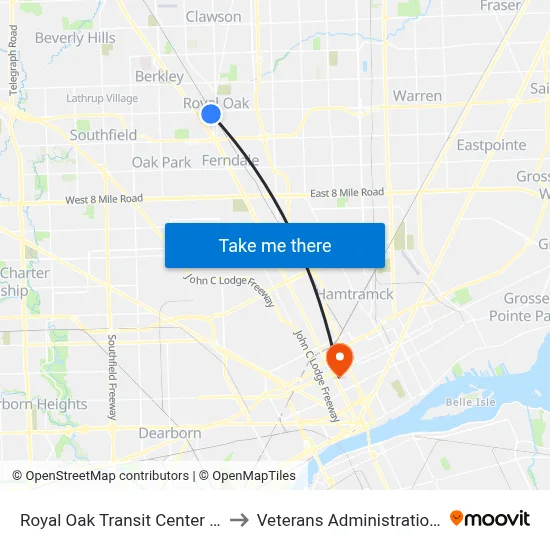 Royal Oak Transit Center (Lafayette) to Veterans Administration Hospital map