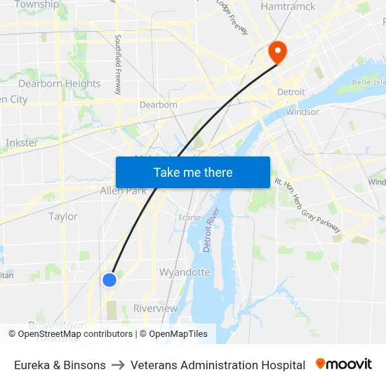 Eureka & Binsons to Veterans Administration Hospital map