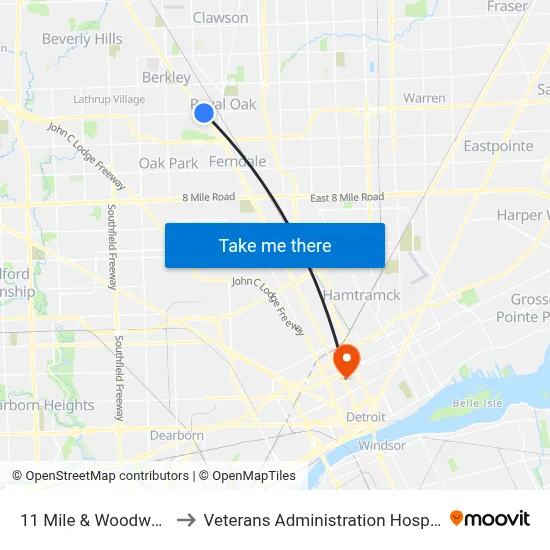 11 Mile & Woodward to Veterans Administration Hospital map