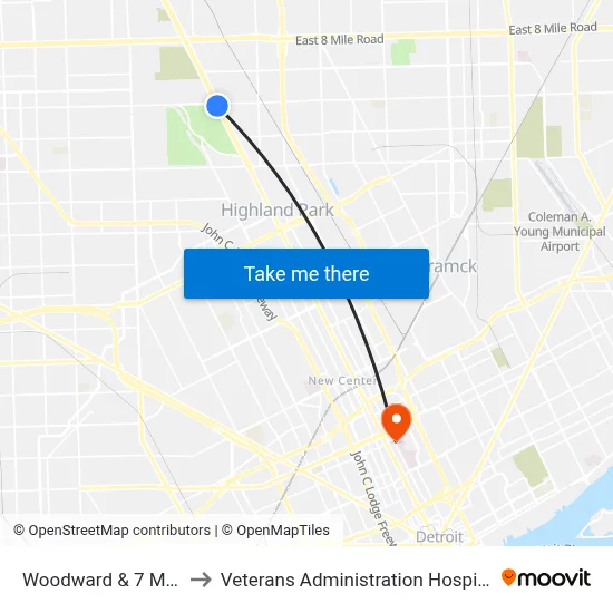Woodward & 7 Mile to Veterans Administration Hospital map