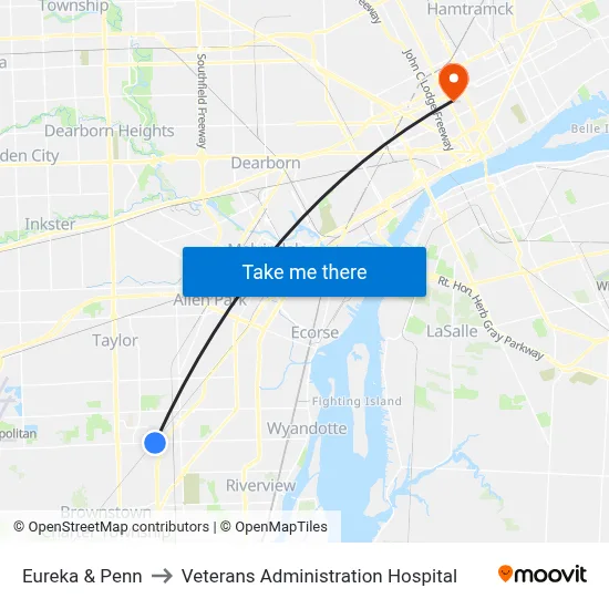 Eureka & Penn to Veterans Administration Hospital map