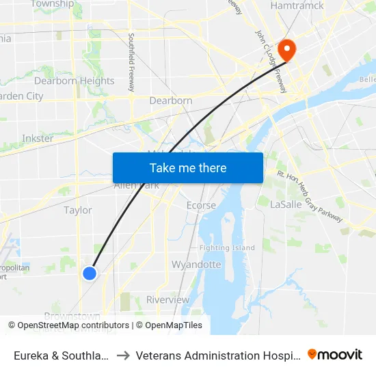 Eureka & Southland to Veterans Administration Hospital map