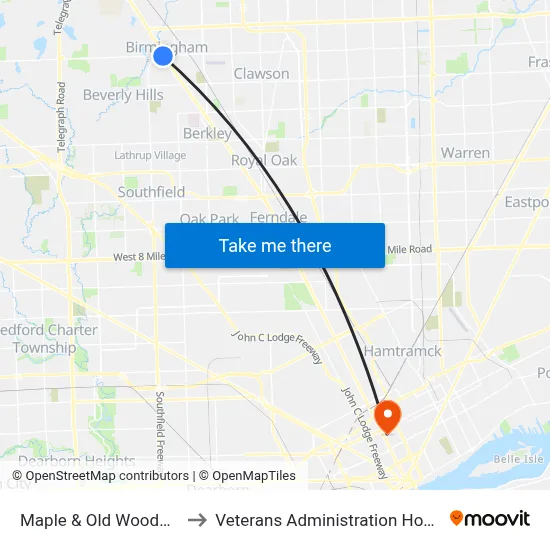 Maple & Old Woodward to Veterans Administration Hospital map