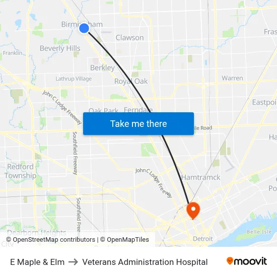 E Maple & Elm to Veterans Administration Hospital map