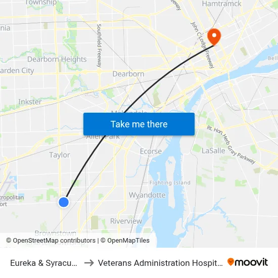 Eureka & Syracuse to Veterans Administration Hospital map