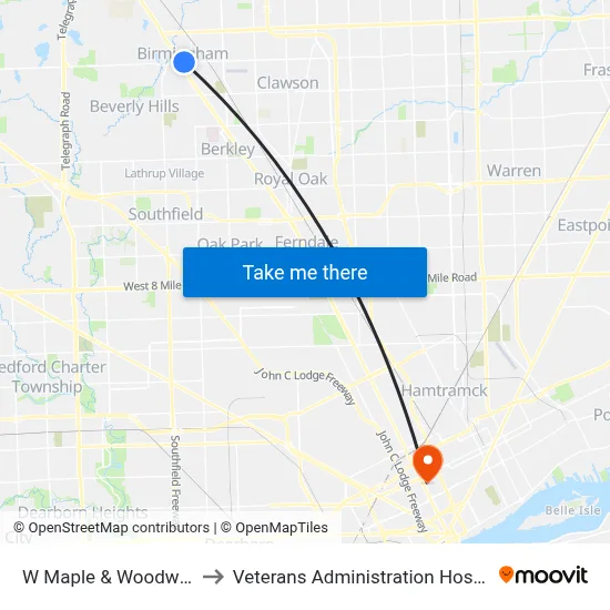 W Maple & Woodward to Veterans Administration Hospital map