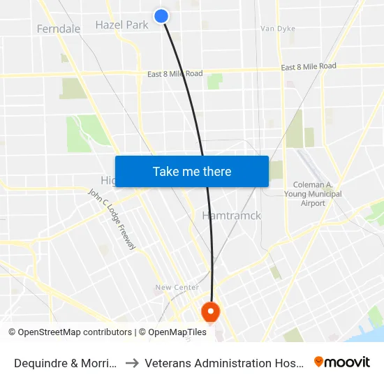 Dequindre & Morrisey to Veterans Administration Hospital map