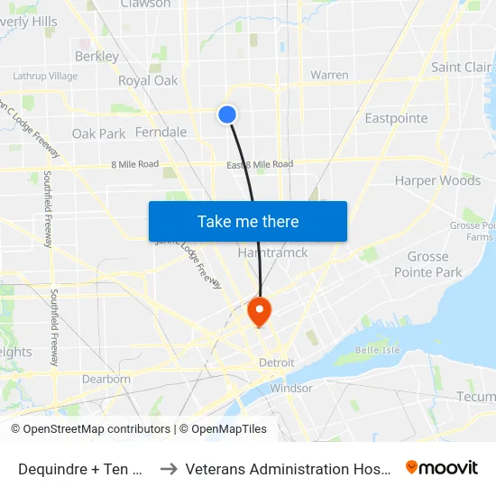 Dequindre & Ten Mile to Veterans Administration Hospital map