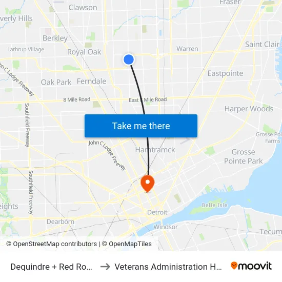 Dequindre & Red Roof Inn to Veterans Administration Hospital map