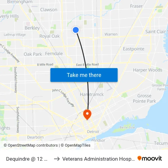 Dequindre @ 12 Mile to Veterans Administration Hospital map