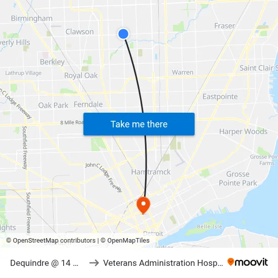 Dequindre @ 14 Mile to Veterans Administration Hospital map