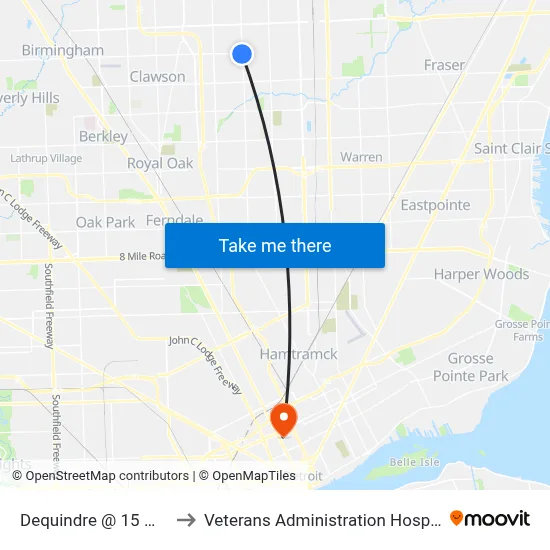 Dequindre @ 15 Mile to Veterans Administration Hospital map