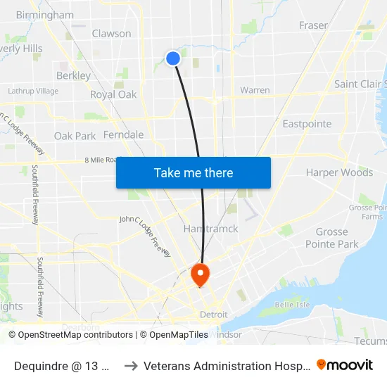 Dequindre @ 13 Mile to Veterans Administration Hospital map