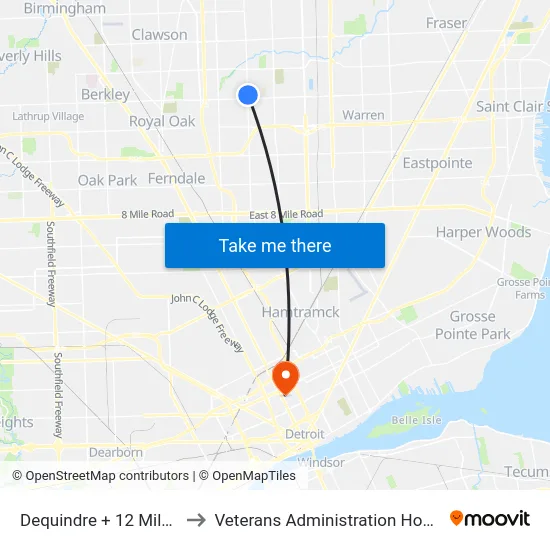 Dequindre @ 12 Mile to Veterans Administration Hospital map