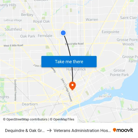 Dequindre & Oak Grove to Veterans Administration Hospital map
