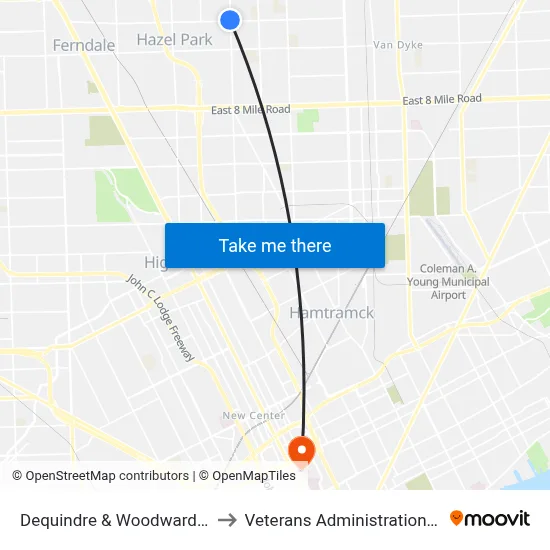 Dequindre & Woodward Heights to Veterans Administration Hospital map