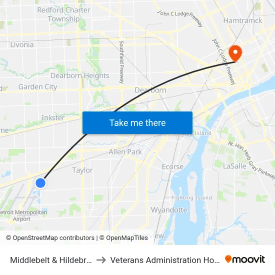 Middlebelt & Hildebrandt to Veterans Administration Hospital map