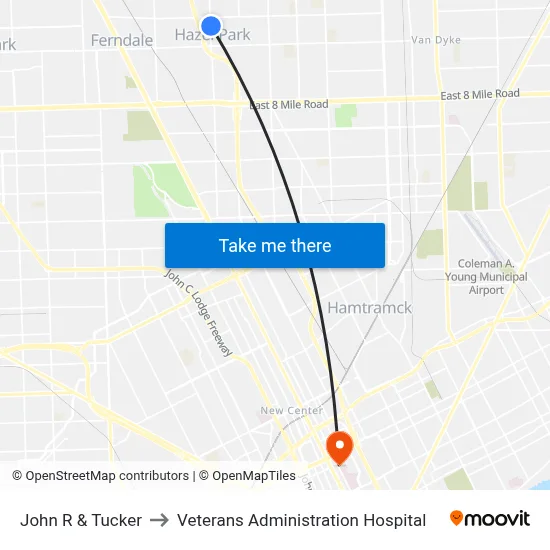John R & Tucker to Veterans Administration Hospital map