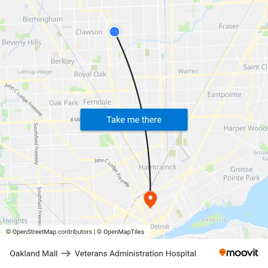 Oakland Mall to Veterans Administration Hospital map
