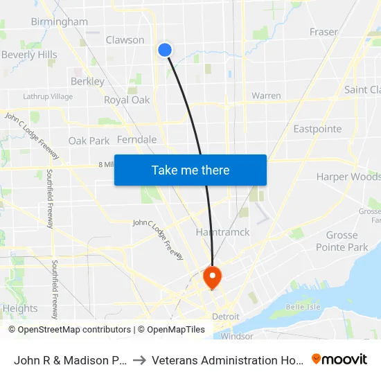 John R & Madison Place to Veterans Administration Hospital map