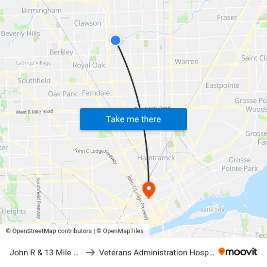 John R & 13 Mile SW to Veterans Administration Hospital map