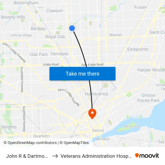 John R & Dartmouth to Veterans Administration Hospital map
