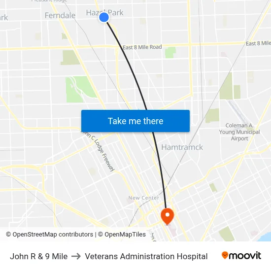 John R & 9 Mile to Veterans Administration Hospital map