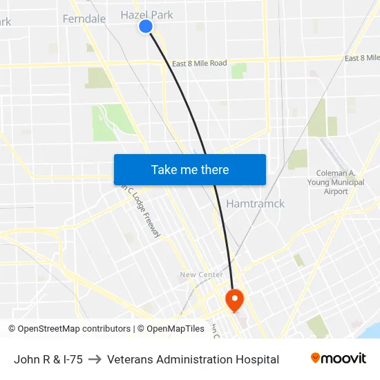 John R & I-75 to Veterans Administration Hospital map