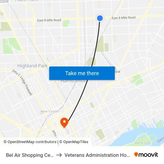 Bel Air Shopping Center to Veterans Administration Hospital map
