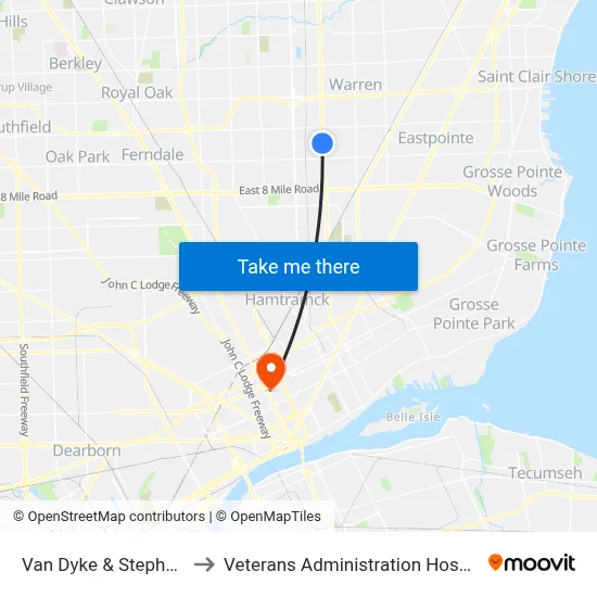Van Dyke & Stephens to Veterans Administration Hospital map