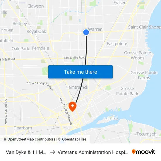 Van Dyke & 11 Mile to Veterans Administration Hospital map