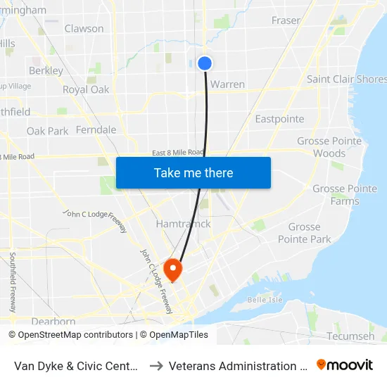 Van Dyke & Civic Center South to Veterans Administration Hospital map