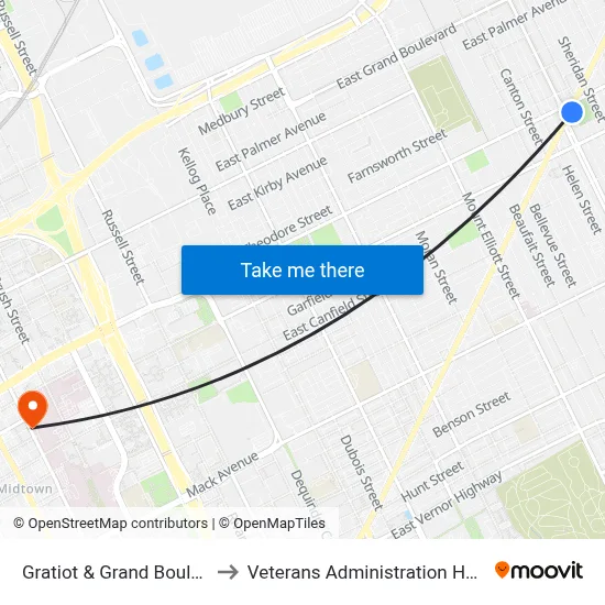 Gratiot & Grand Boulevard to Veterans Administration Hospital map