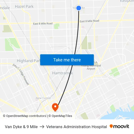 Van Dyke & 9 Mile to Veterans Administration Hospital map