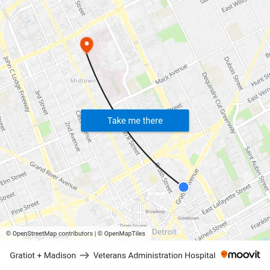 Gratiot & Madison to Veterans Administration Hospital map