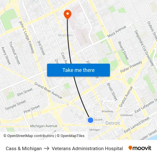 Cass & Michigan to Veterans Administration Hospital map