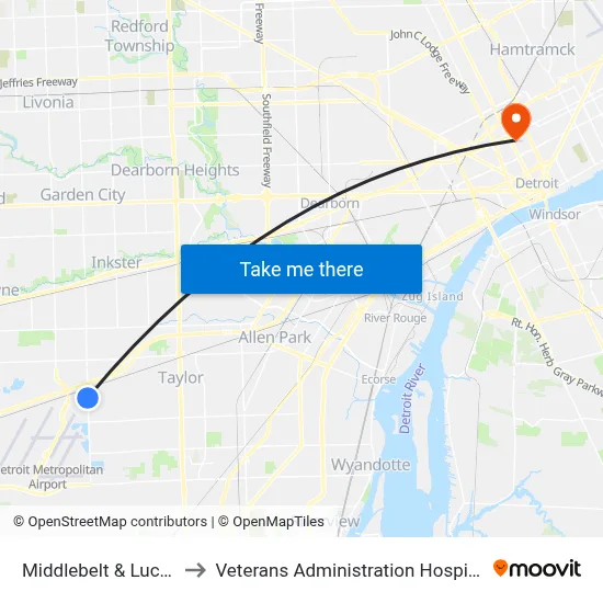 Middlebelt & Lucas to Veterans Administration Hospital map